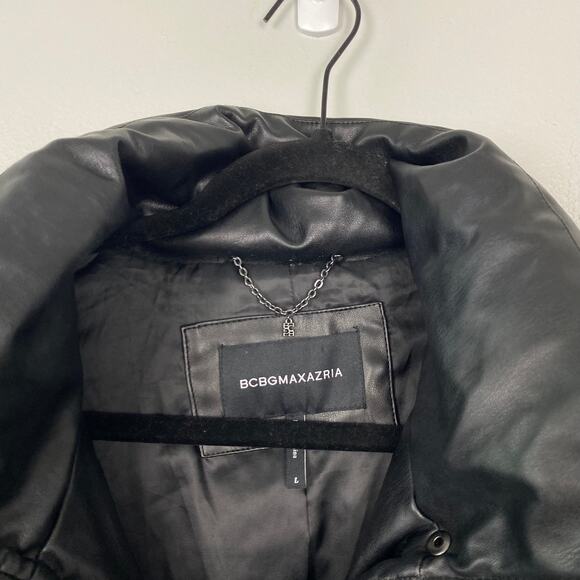 BCBGMaxazria Faux Leather Puffer Jacket Mock Neck Full Zip Black Coat Size Large - Picture 6 of 9